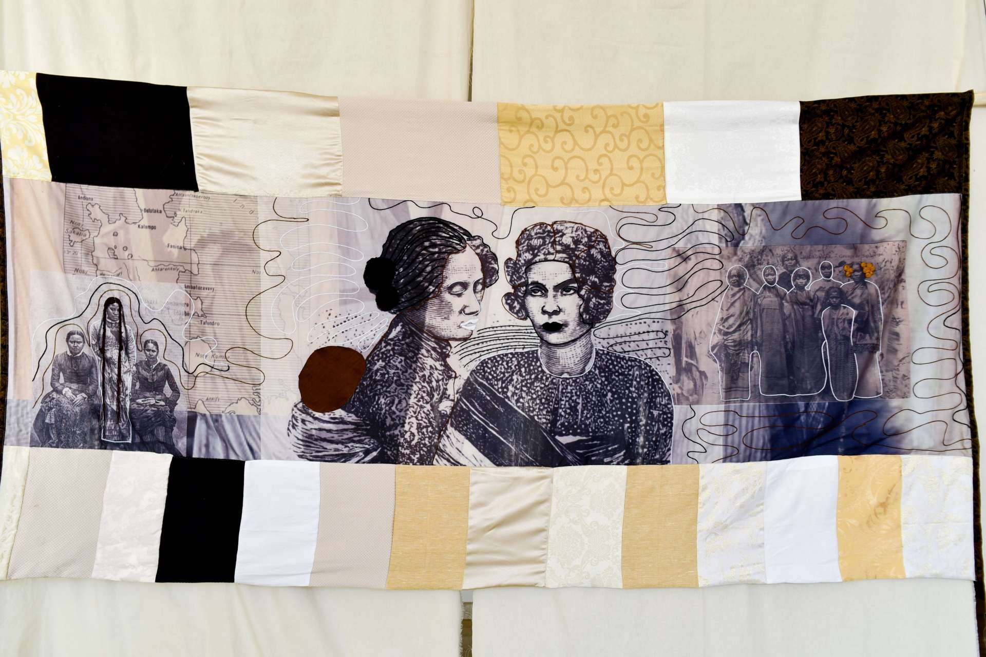 LOVA, collage textile, couture, broderie, 280x147 cm, 2024, Antananarivo. Andriarimanjaka Dina Nomena